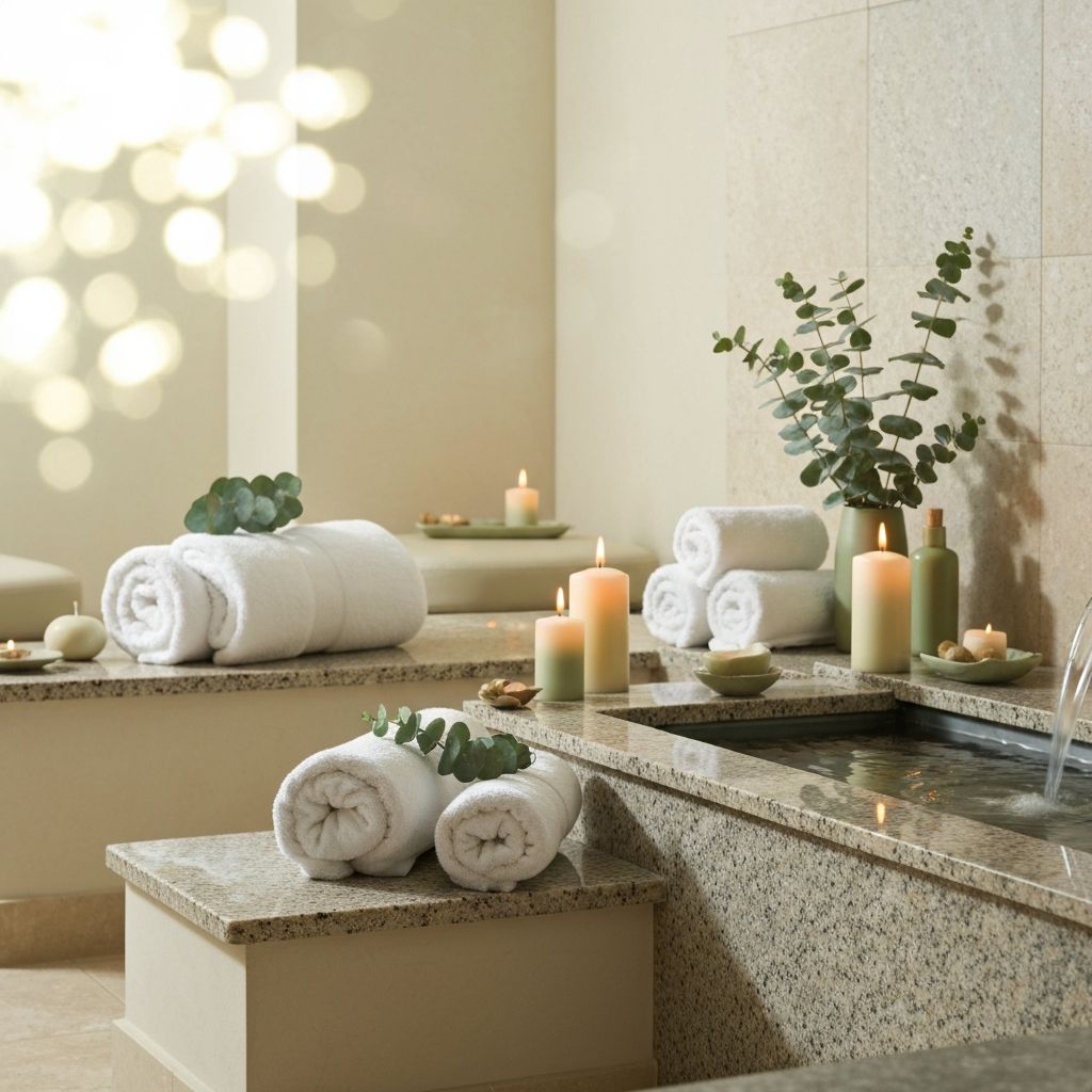 Spa relaxation area with candles and warm lighting